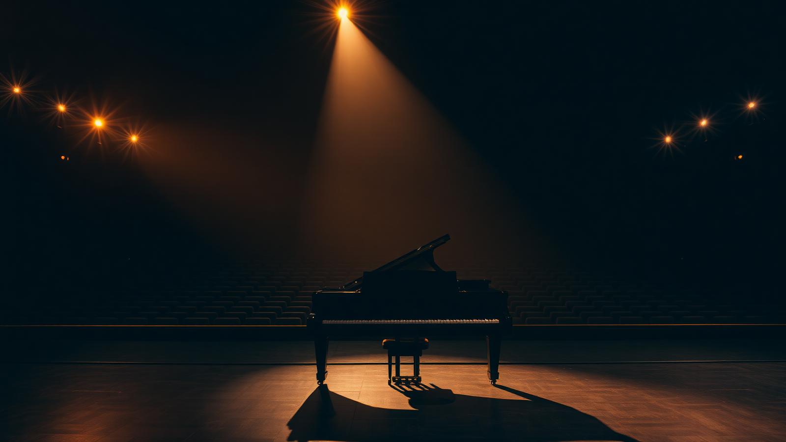 A grand piano alone on a dim stage under a single warm spotlight
